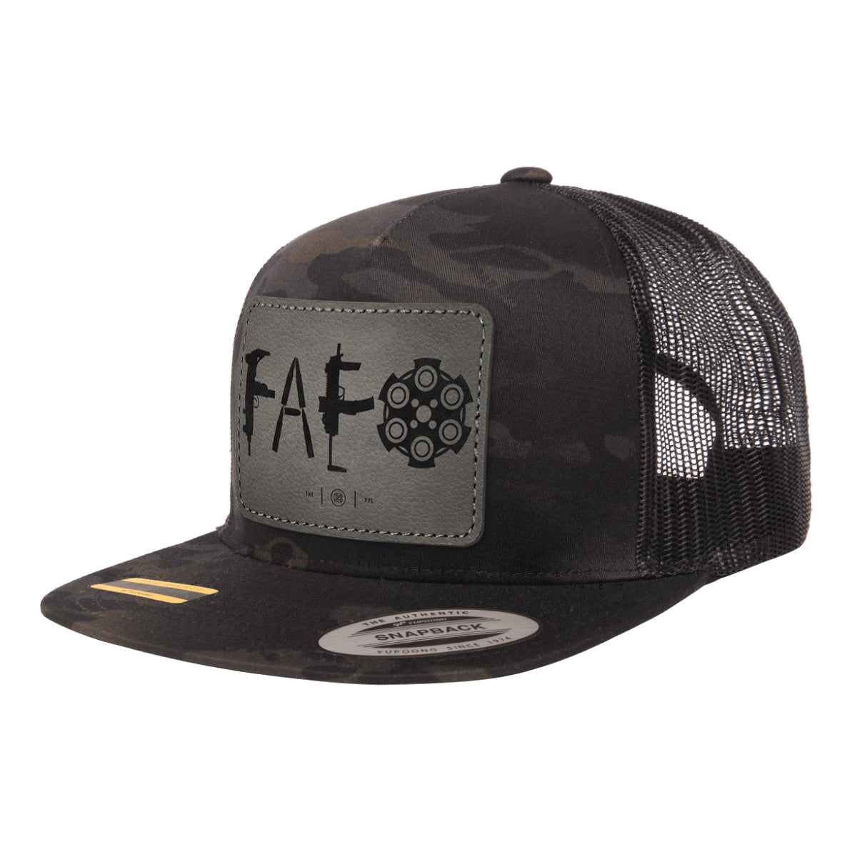 F Around & Find Out FAFO Detailed Leather Patch Black Multicam Trucker Hat Snapback