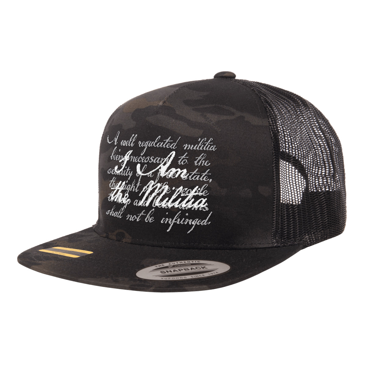 I Am The Militia Embroidered Black Multicam Trucker Hat Snapback
