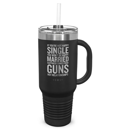 Happiness Comes From Guns Laser Etched 40oz Tumbler, Vacuum Insulated, With Handle & Straw