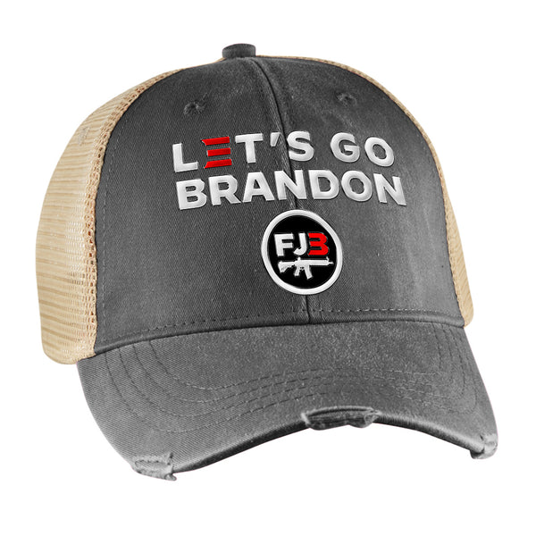 Let's Go Brandon Emblem Vintage Distressed Trucker Hat Black / Tan