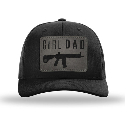 Gun-Owning Girl Dad V1 Leather Patch Black Trucker Hat