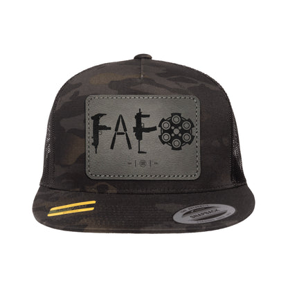F Around & Find Out FAFO Leather Patch Black Multicam Trucker Hat Snapback