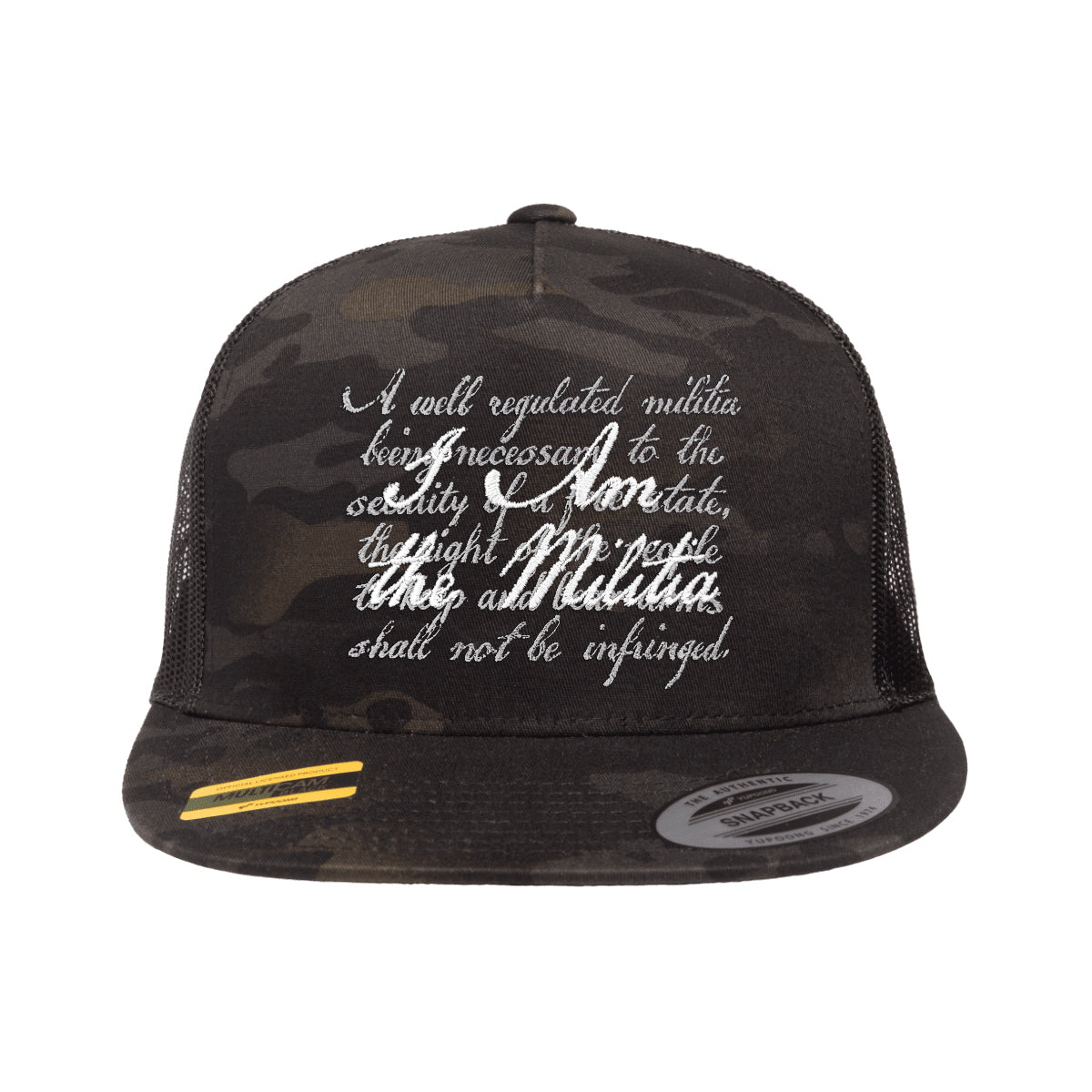 I Am The Militia Embroidered Black Multicam Trucker Hat Snapback