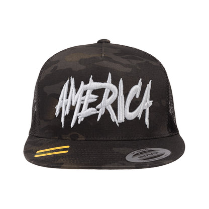 AMERICA Embroidered Black Multicam Trucker Hat Snapback