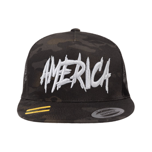 AMERICA Embroidered Black Multicam Trucker Hat Snapback
