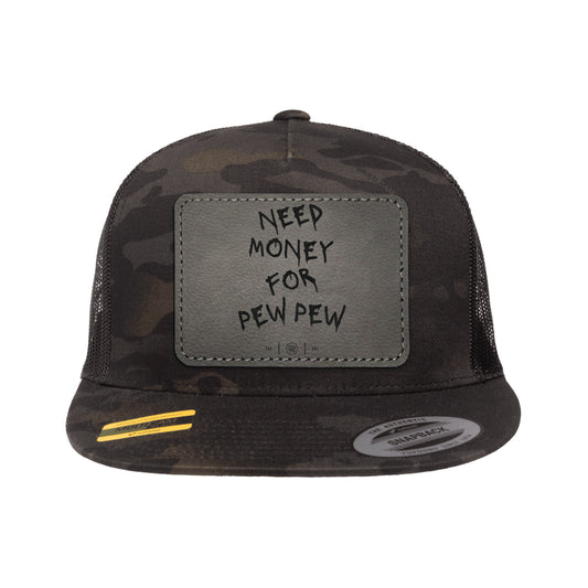 Need Money For Pew Pew Leather Patch Black Multicam Trucker Hat Snapback