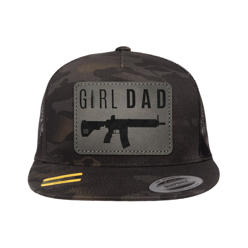 Gun-Owning Girl Dad V1 Leather Patch Black Multicam Trucker Hat Snapback