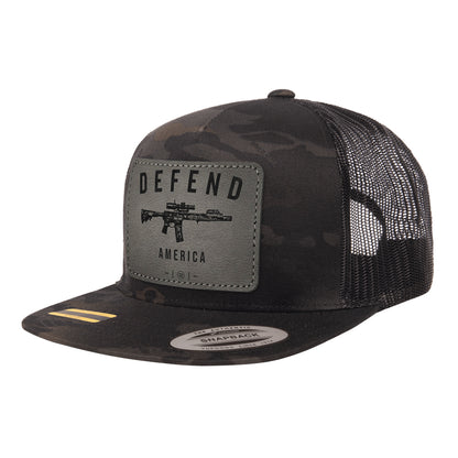 Defend America Leather Patch Black Multicam Trucker Hat Snapback