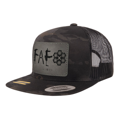 F Around & Find Out FAFO Detailed Leather Patch Black Multicam Trucker Hat Snapback