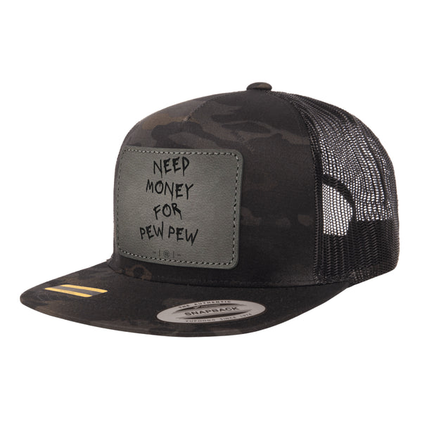 Need Money For Pew Pew Leather Patch Black Multicam Trucker Hat Snapback
