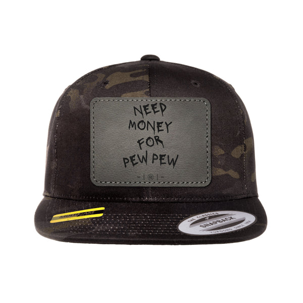 Need Money For Pew Pew Leather Patch Black MultiCam Snapback