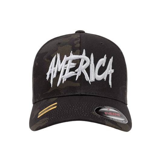 AMERICA Embroidered Black Mutlicam Hat FlexFit