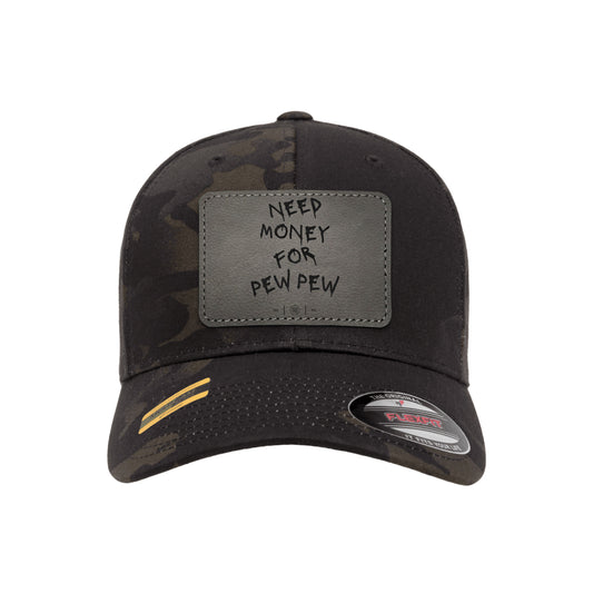 Need Money For Pew Pew Leather Patch Black Mutlicam Hat FlexFit