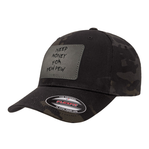 Need Money For Pew Pew Leather Patch Black Mutlicam Hat FlexFit