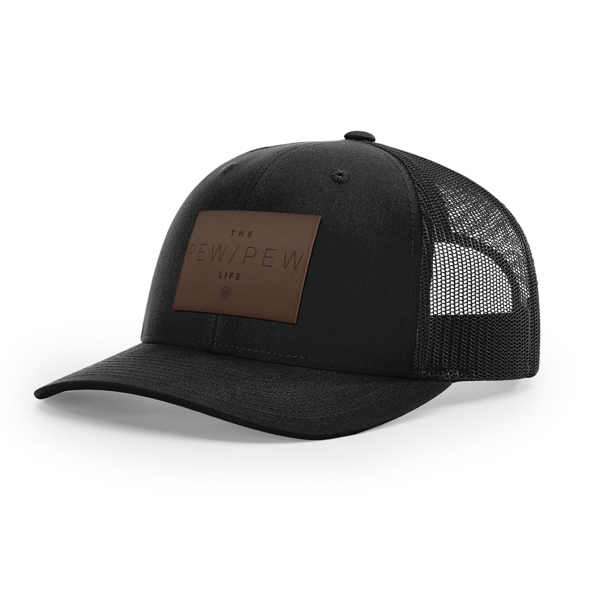 The Pew/Pew Life Leather Patch Trucker Hat