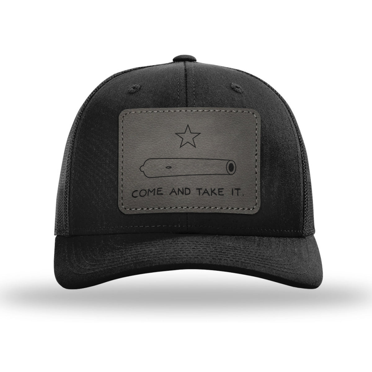 Come And Take It Leather Patch Black Trucker Hat