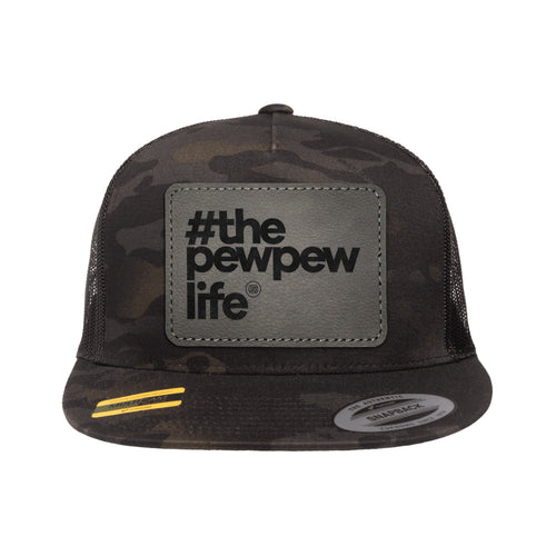 #ThePewPewLife Leather Patch Black Multicam Trucker Hat Snapback