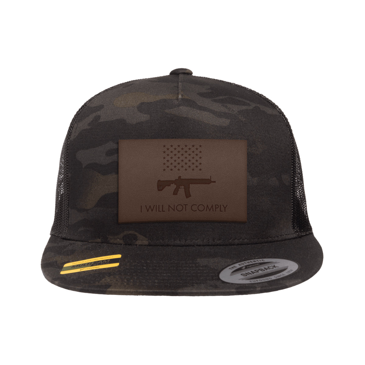 I Will Not Comply Leather Patch Black MultiCam Trucker Hat Snapback