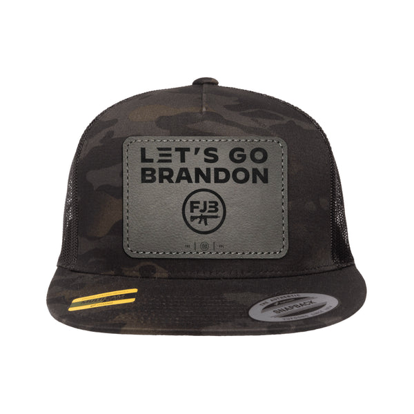 Let's Go Brandon Leather Patch Black Multicam Trucker Hat Snapback