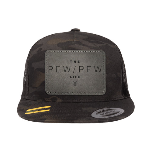 The Pew/Pew Life Leather Patch Black Multicam Trucker Hat Snapback
