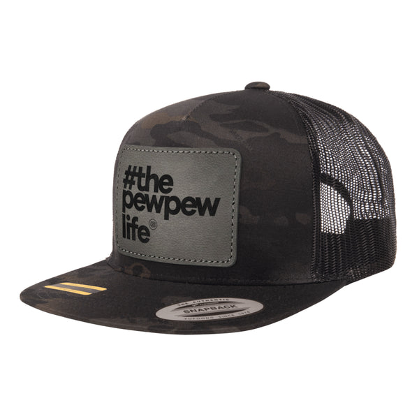 #ThePewPewLife Leather Patch Black Multicam Trucker Hat Snapback
