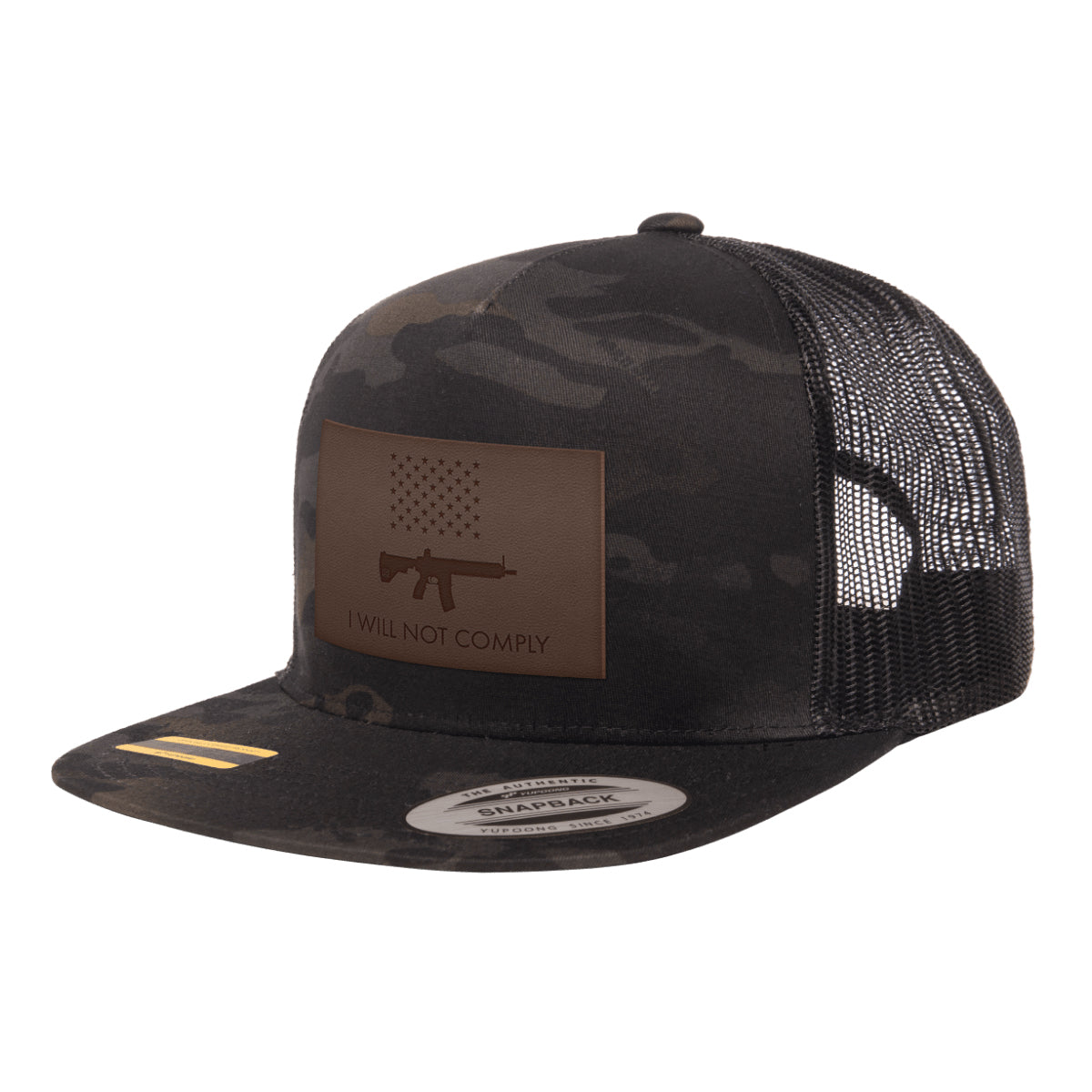 I Will Not Comply Leather Patch Black MultiCam Trucker Hat Snapback