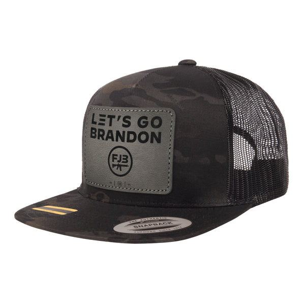 Let's Go Brandon Leather Patch Black Multicam Trucker Hat Snapback