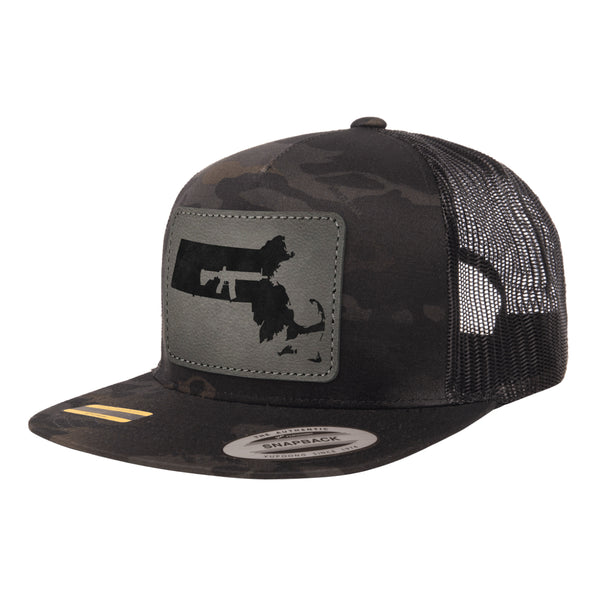 Keep Massachusetts Tactical Leather Patch Black Multicam Trucker Hat Snapback