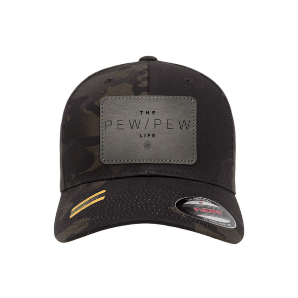 The Pew Pew Life Leather Patch Black Mutlicam Hat FlexFit