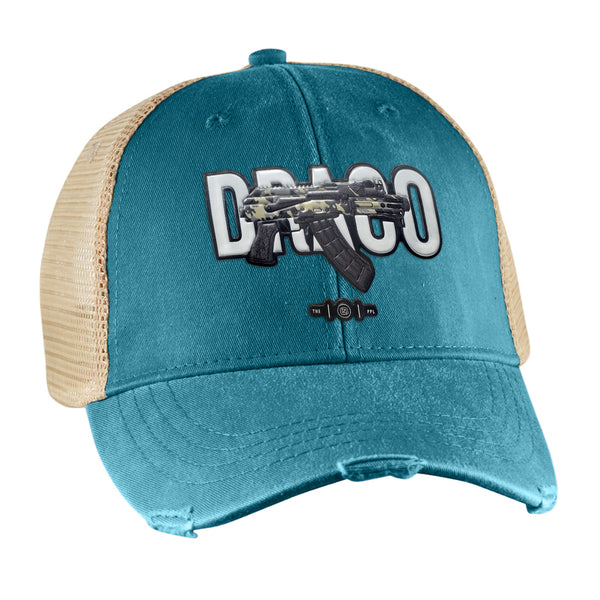 Draco AK Pistol Emblem Vintage Distressed Trucker Hat Teal / Tan